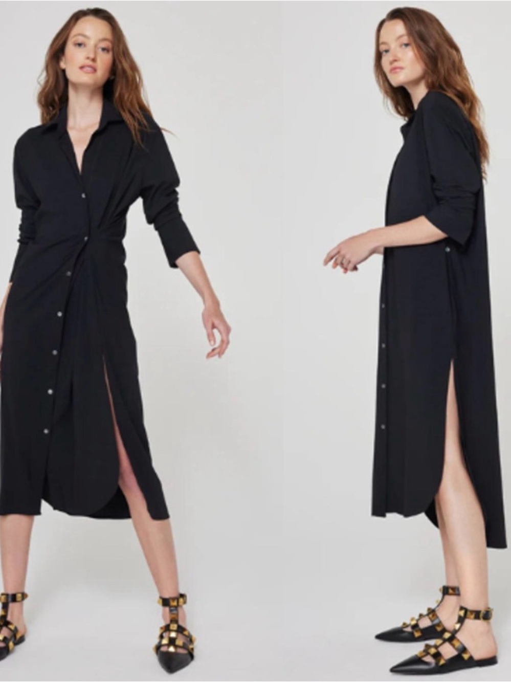 Ona Olivia Long Sleeve Side Slits Oversized Convertible‎ Shirt Dress Black Large